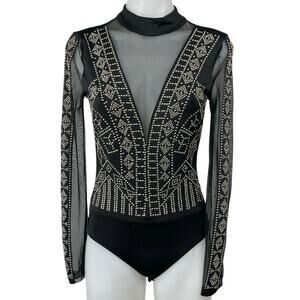 Banjul Black Geometric Stud Sheer Mock Neck Long Sleeve Bodycon Bodysuit Top S